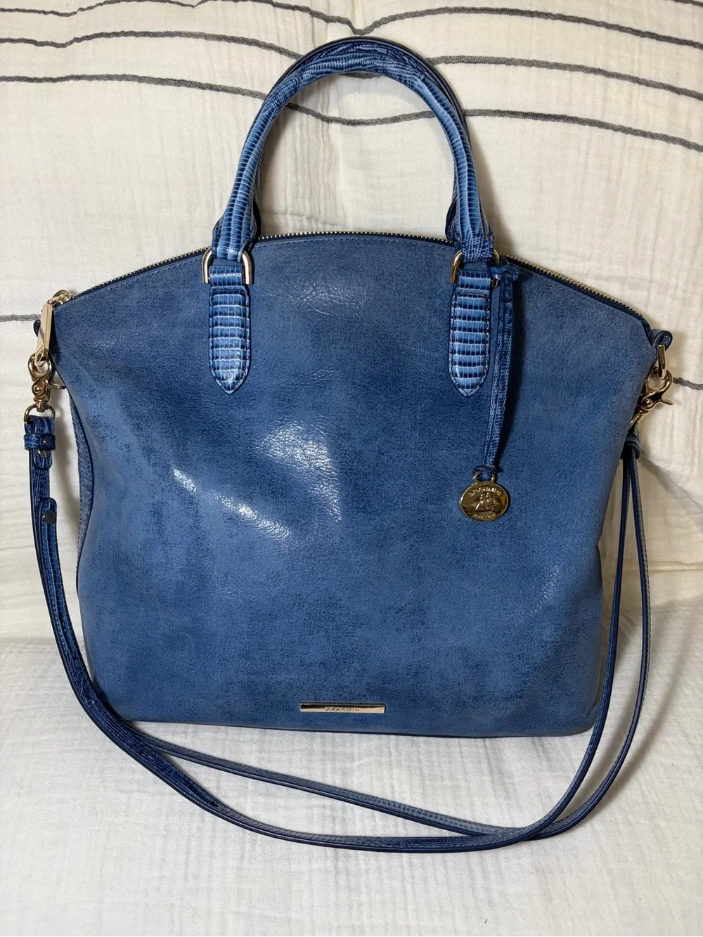 Brahmin Duxbury Satchel Blue Sueded Leather with Snake Embossed Trim Rare